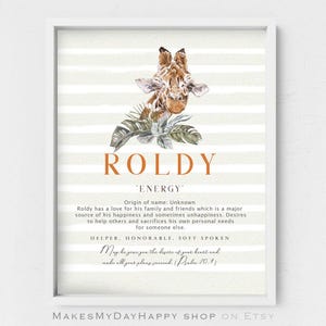 Roldy Name meaning,giraffe wall art,Custom First name,symbolizes energy,Safari kids room decor,savannah poster,animal lovers,Psalm 20,1