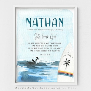 Nathan name meaning decor,Sign Name wall art,Hebrew Name Meaning,clear sea poster,surfing lovers,surfer poster,nautical decor,Micah 6,8