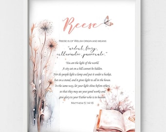 Reese name wall art,orange butterfly decor,blush orange dandelion,Welsh Meaning of Name,Matthew 5,14.16,open book decoration,delicate art