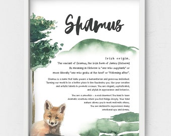 Shamus name,Woodland nursery,little fox poster,Customized name sign,printable meaning of name,Personalized gift,Irish name origin,new baby