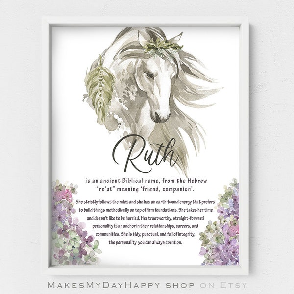 Ruth Name meaning,Biblical names meaning,Romantic first name poster,Bible meaning,Custom Printable Name,Watercolor horse,girly room decor