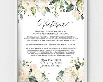 Victoria name meaning,Name traits,Custom Name wall art,Personalized gift,watercolor white flowers,Sign Name nursery,first Name,digital gift
