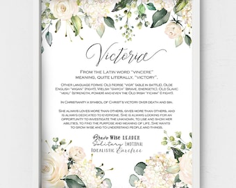 Victoria name meaning,Name traits,Custom Name wall art,Personalized gift,watercolor white flowers,Sign Name nursery,first Name,digital gift