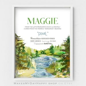 May include: A watercolor print with a river flowing through a forest. The print features the name Maggie and the text "From the Latin Margarita which ultimately comes from the Hebrew 'Margaron' meaning 'Pearl'."  Humanitarian, Community-Minded, Family-Oriented, Loving, Affectionate, Compassionate, Sensitive.