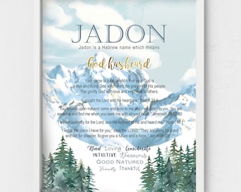 Hebrew names wall art,Jadon name meaning,Custom first name name wall art,snowy mountains kids room decor,mountains nursery,evergreen trees
