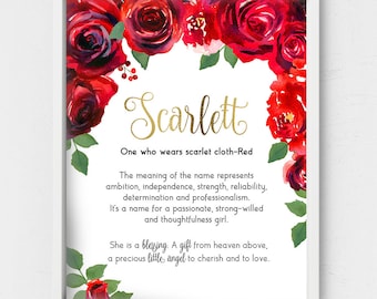 Scarlett Name meaning,Red watercolor roses,Custom First name wall art,Personalized gift,Printable Name,Sign name room decor,Given name art