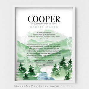 May include: A watercolor illustration of a forest scene with a river flowing through it. The text "COOPER" is at the top of the image, with the words "OF OLD ENGLISH ORIGIN AND MEANS" and "BARREL MAKER" below it. The text "Be strong and courageous. Do not be afraid; do not be discouraged, for the Lord your God will be with you wherever you go. Joshua 1:9" is below the title. The text "COOPER IS A NAME THAT HINTS YOU ARE A HUMANITARIAN AND GENEROUS INDIVIDUAL. TURNING OUR WORLD TO BE A BETTER PLACE TO LIVE FASCINATES YOU. YOU ARE ELEGANT, SOPHISTICATED, AND STYLISH IN APPEARANCE AND BEHAVIOR. YOUR HEART'S DESIRE IS SUCCESS IN ITS FULLEST MEANING, YOU WANT FAME FOR DOING SOMETHING IMPRESSIVE OR UNUSUAL. YOU POSSESS A CREATIVE MIND WITH EXCELLENT PROBLEM SOLVING ABILITY." is below the forest scene. The text "Dreamer HELPFUL Joyous Logical Bigereet INTHUSIAST Dignified Calm SUCCESSFUL" is at the bottom of the image.