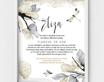 Eliza name meaning,Watercolor Dragonfly,Personalized gift,black white gold,Custom Biblical first Name wall art,Name traits,Floral name sign