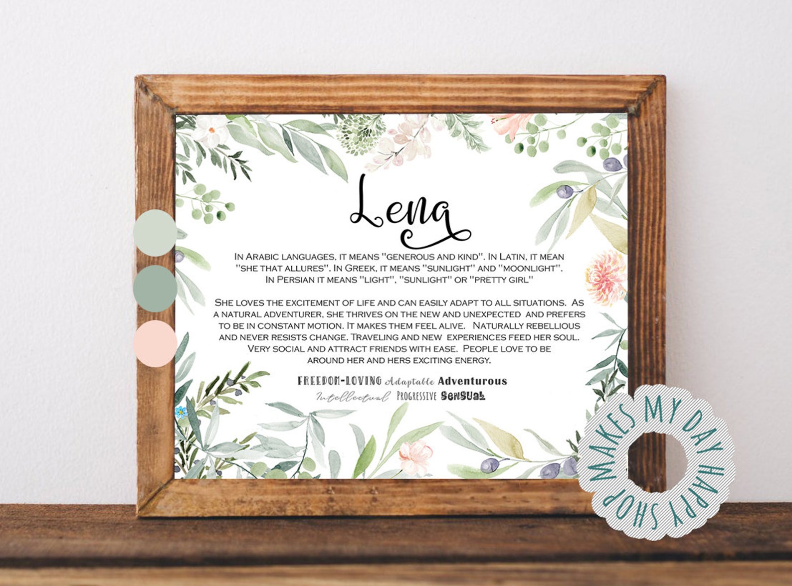 Lena Name Meaning Printable Wall Artgreen Leaf Personalized Etsy