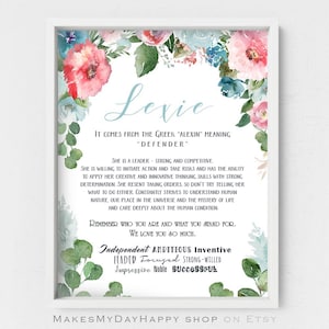 Lexie name meaning,Floral name wall art,Greek origin of the name,Personalized Meaning of Name,baby shower printable,new mom digital gift