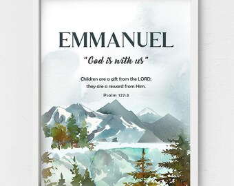 Emmanuel name meaning,Biblical meaning,snowy mountain landscape,Christmas present,winter decor,frozen lake poster,Psalm 127,3