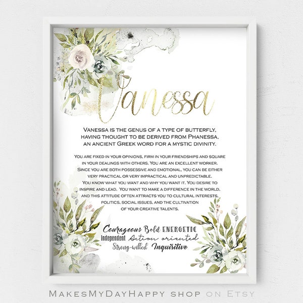 Vanessa name meaning,Personalized gift,Greenery nursery,Sign Name wall art,Custom first Name meaning,Name traits,watercolor Floral name