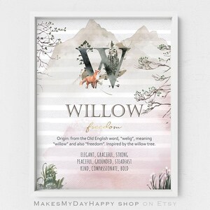 May include: A watercolor illustration of a mountain landscape with a large letter W in the center. The letter is surrounded by trees and a fox. The text "WILLOW freedom" is below the letter. The text "Origin: from the Old English word, "welig", meaning "willow" and also "freedom". Inspired by the willow tree." is below the name. The text "ELEGANT, GRACEFUL, STRONG PEACEFUL, GROUNDED, STEADFAST KIND, COMPASSIONATE, BOLD" is below the origin text.