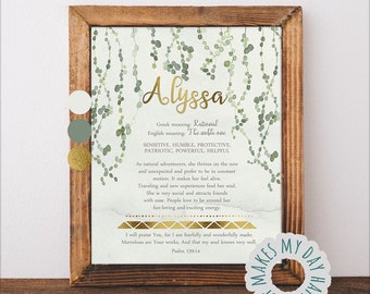 Alyssa name meaning birthday gift,Liana watercolor,The creeper,Custom Name meaning printable Art,Eucalyptus ,Personalized girls room poster