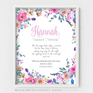 Hannah Biblical name meaning,Psalm 30,Watercolor pink religious nursery floral decor,Floral name,Custom first Name,Personalized given Name
