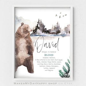 David Name Meaning,First name wall art,Hebrew name Biblical meaning,Bear nursery art,Personalized Given name references,Forest creature