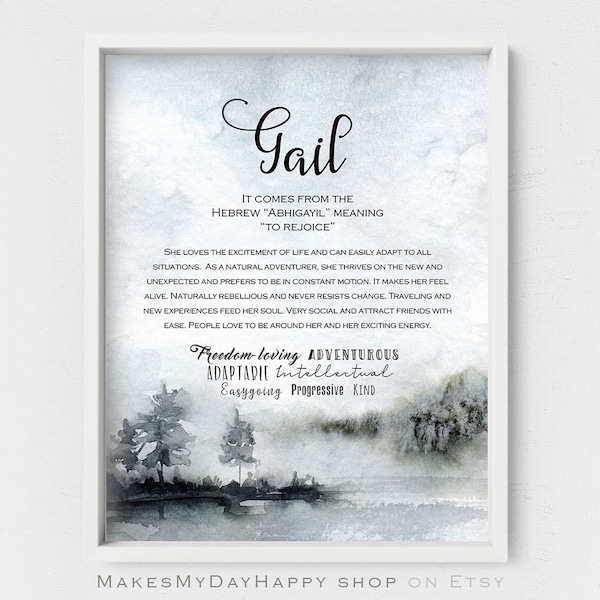 Gail Custom Biblical Name Meaning,First name wall art,Personalized name with Bible quote,baby shower gift,Foggy mountains Landscape
