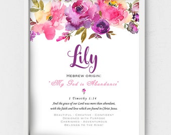 Lily Name meaning,First name poster,Personalized gift,Pink purple floral,Custom Hebrew names,Last minute gift,Biblical meaning,1 Timothy 1