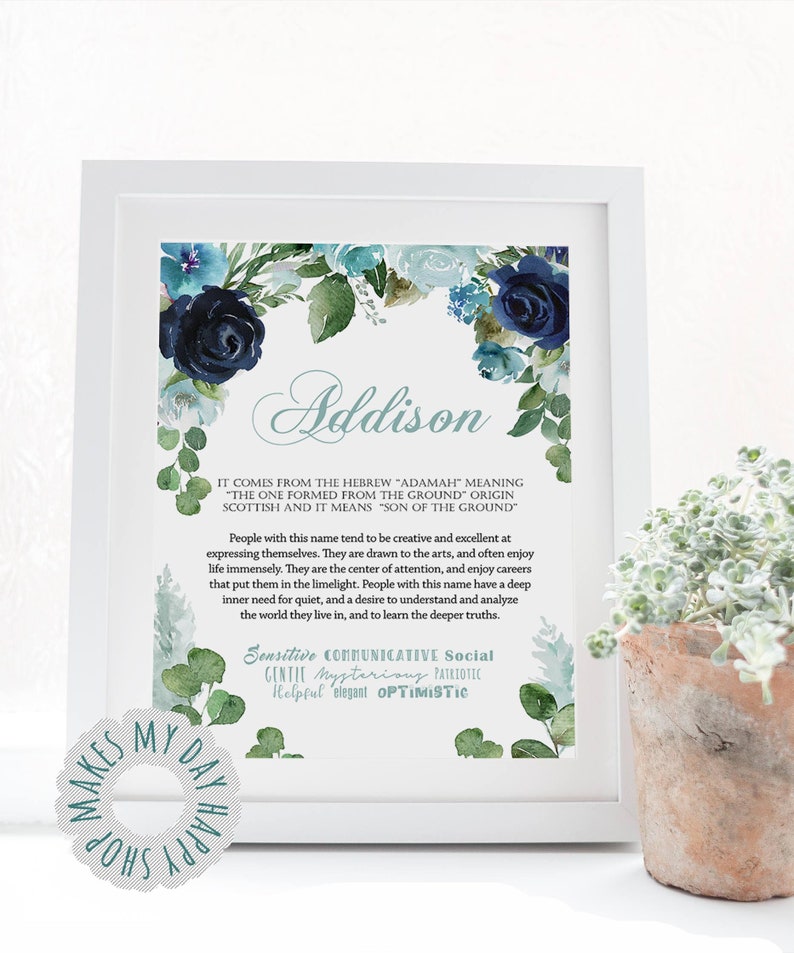 Printable Name Addison Aqua Coral Personalized Wall Art,custom Name Meaning,sign Name Wall Art ...