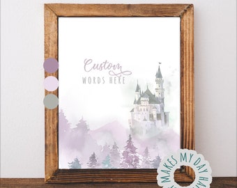 Purple watercolor girls room decor,Princess castle,Watercolor chateau,Custom Quote Print,Customized Wall Art,Personalized Typographic gift