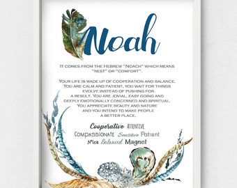 Noah name meaning,Bohemian nursery,First name wall art,Boho feather poster,Custom first Name,Personalized name,baby shower gift,name traits