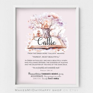 May include: A pink and purple watercolor illustration of a book with a tree growing out of it. The book has the name "Callie" written on it. The text below the book says "From the Greek word "Kallista" meaning "Fairest, most beautiful". In Greek mythology, she was a beautiful nymph who followed Artemis, the goddess of hunting and the daughter of the king of the gods Zeus. "You are fearfully and wonderfully made." Psalm 139:14. Humanitarian Community-minded Loving Affectionate Compassionate Sensitive Steady Balanced Noble."