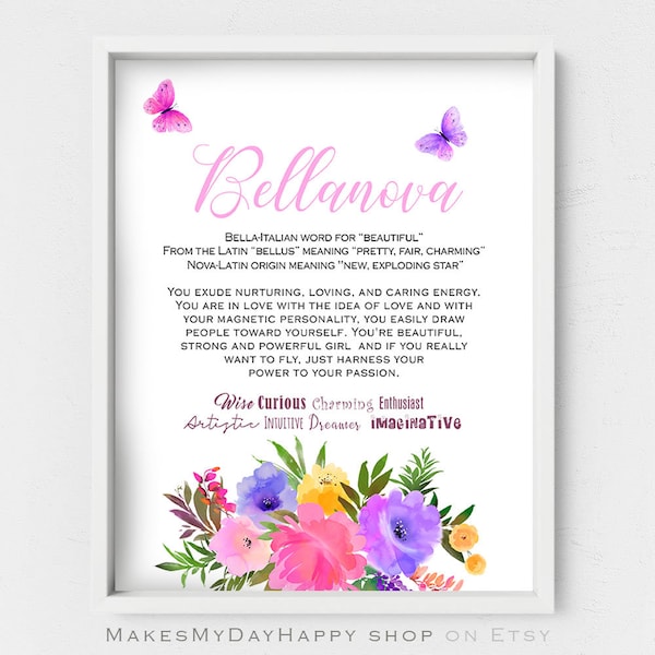 Bellanova name meaning,personalized gift,Italian names,fluorescent flowers,pink purple butterflies,Name origin,Custom Meaning Printables