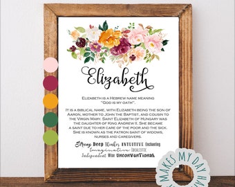 Personalized nursery decor,newborn name meaning,Elizabeth name,Custom Name,Printable Meaning of Name,baby shower gift,new mom gift,new baby