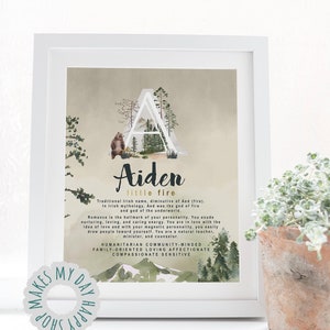 May include: A framed art print featuring the name "Aiden" with a watercolor design. The letter "A" is filled with trees and a bear. The print includes the name's meaning and personality traits. A potted plant is in the foreground.