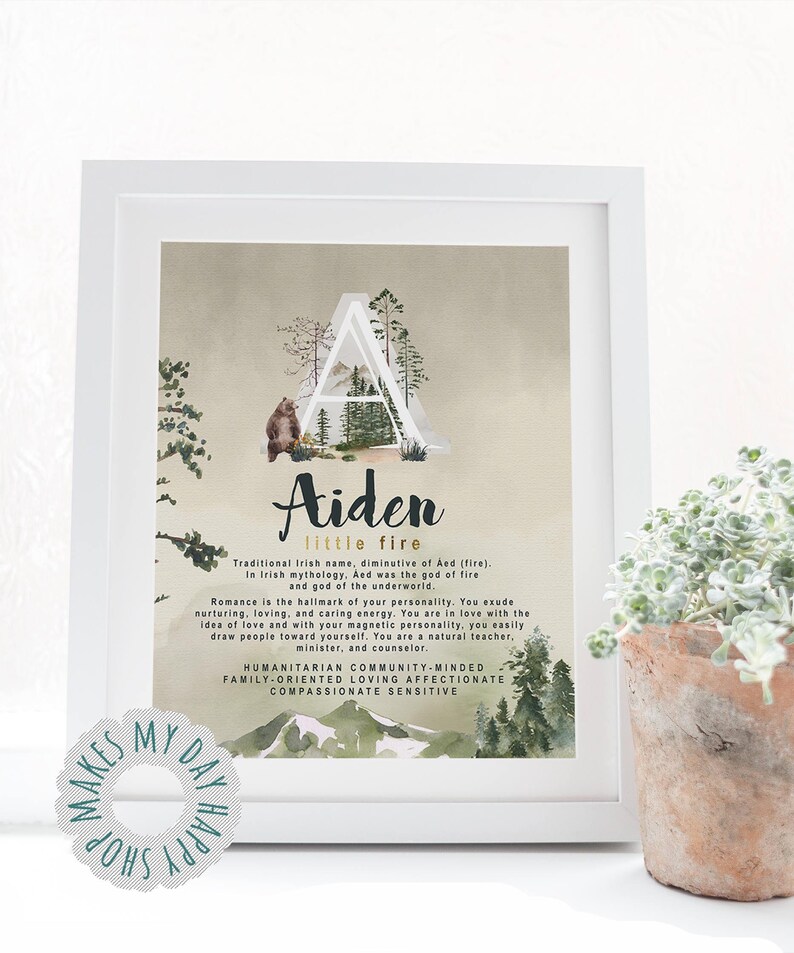May include: A framed art print featuring the name "Aiden" with a watercolor design. The letter "A" is filled with trees and a bear. The print includes the name's meaning and personality traits. A potted plant is in the foreground.