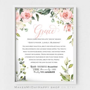 Grace Name meaning,First name poster,Personalized gift,Pink roses decor,god's blessing meaning,girl's room poster,blush floral art