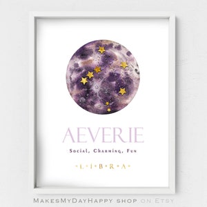 Aeverie name meaning,Zodiac sign,Purple Moon and gold stars,Constellation Star map,Personalized gift,horoscope sign,girly room decor,digital