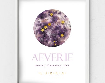 Aeverie name meaning,Zodiac sign,Purple Moon and gold stars,Constellation Star map,Personalized gift,horoscope sign,girly room decor,digital