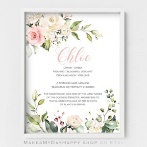 Chloe name meaning,Blush pink floral,first name Meaning,Personalized name traits,Pink roses,Baby shower gift,Greek name origin,romantic art