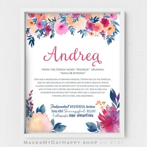 Andrea printable custom name meaning,Greek girls names,purple flower,girl room decor,name synonyms,cute girl names,floral motif background