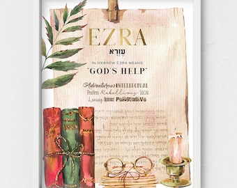 Ezra Name Meaning,Hebrew names meaning,Biblical meaning,Personalized gift,name traits,Jewish old manuscript,Old books,Hebrew letters poster