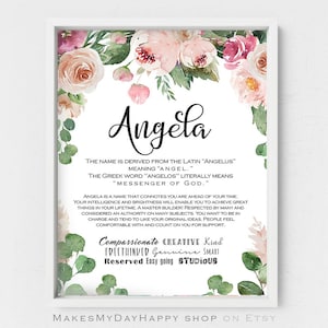 Angela name meaning,orange peonies,pink roses,symbolizes peace,Best friend gift,romantic art,flowers lovers,floral poster