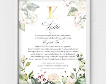 Katie name meaning,white flowers,blush floral poster,Baby shower gift,bridal present,pale green floral art,Greek origin of the name