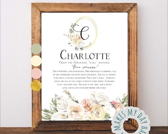Charlotte name meaning,Floral name wall art,Custom first Name,Personalized Meaning of Name,baby shower gift,nursery floral decor,Name sign