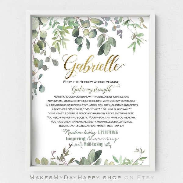 Gabrielle name meaning,eucalyptus wall art,Name description,Greenery,Name origin,Personalized poster,sage color leaves,gold foil dust