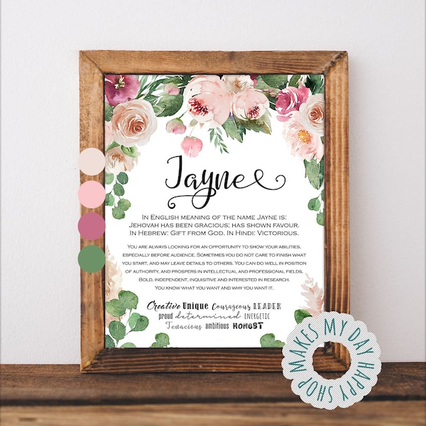 Jayne name meaning,Personalized name wall art,Printable Meaning of Name,Girls nursery room decor,Floral Custom Name,Sign name baptism gift