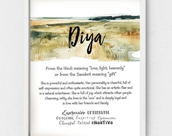 Diya name wall art,Custom name origin,Hindi names meaning,southern landscape,south America wallpaper,personalized name characteristics gift