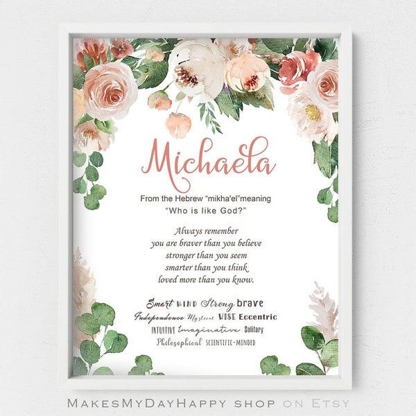 Personalized name meaning,First Name wall art,Michaela biblical meaning,Custom given name,floral nursery,Strength quote,Name traits,digital