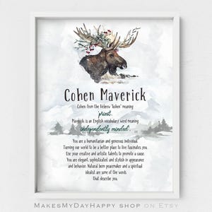 Cohen Maverick name origin,Personalized wall art,Watercolor forest animal,hebrew and anglish origin of name,elk decoration,boy&#39;s room