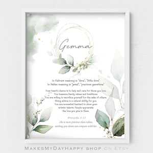 Gemma Name Meaning,First name origin,Biblical meaning,pastel green kids room wall art,spring leaves decoration,Proverbs 3,15,romantic poster