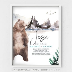 May include: A watercolor illustration of a brown bear standing in front of a lake with a forest in the background. The name "Jesse" is written in cursive above the bear. The text below the name reads "Origin is Hebrew 'God Exists' or 'God's Gift'". The text below that lists personality traits associated with the name.