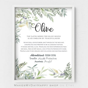 Olive name meaning,Personalized gift,Greenery nursery,Sign Name wall art,Custom first Name,Name traits,New baby gift,olive branches,new mom