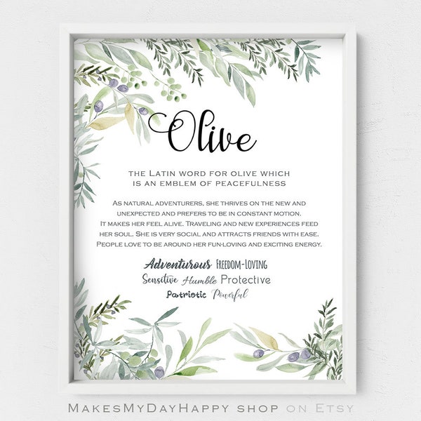 Olive name meaning,Personalized gift,Greenery nursery,Sign Name wall art,Custom first Name,Name traits,New baby gift,olive branches,new mom