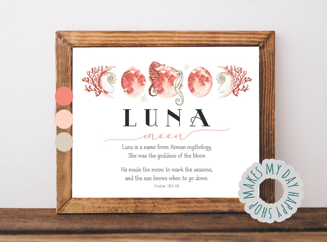 Luna Name Meaning,watercolor Moon Phases,coral Color Custom Name