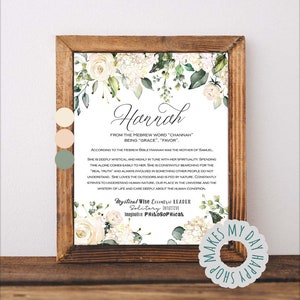 May include: A framed print with the name "Hannah" in elegant script, surrounded by floral illustrations in white and green. The text describes the meaning of the name and its characteristics. The frame is made of wood.